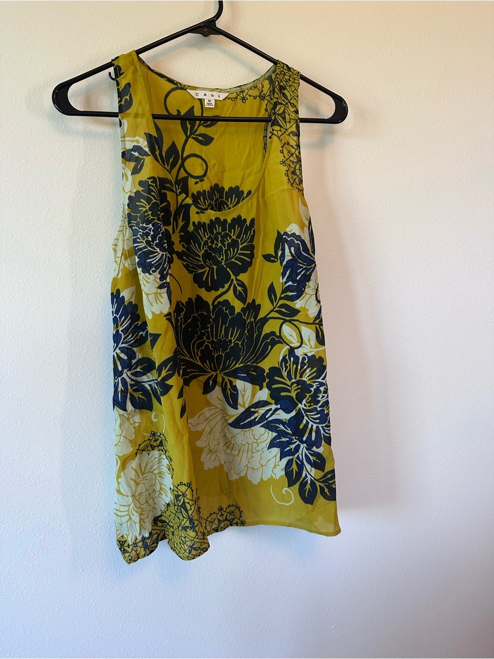 CAbi Olive Green Floral Sleeveless Shift Top with Navy & Cream Blooms